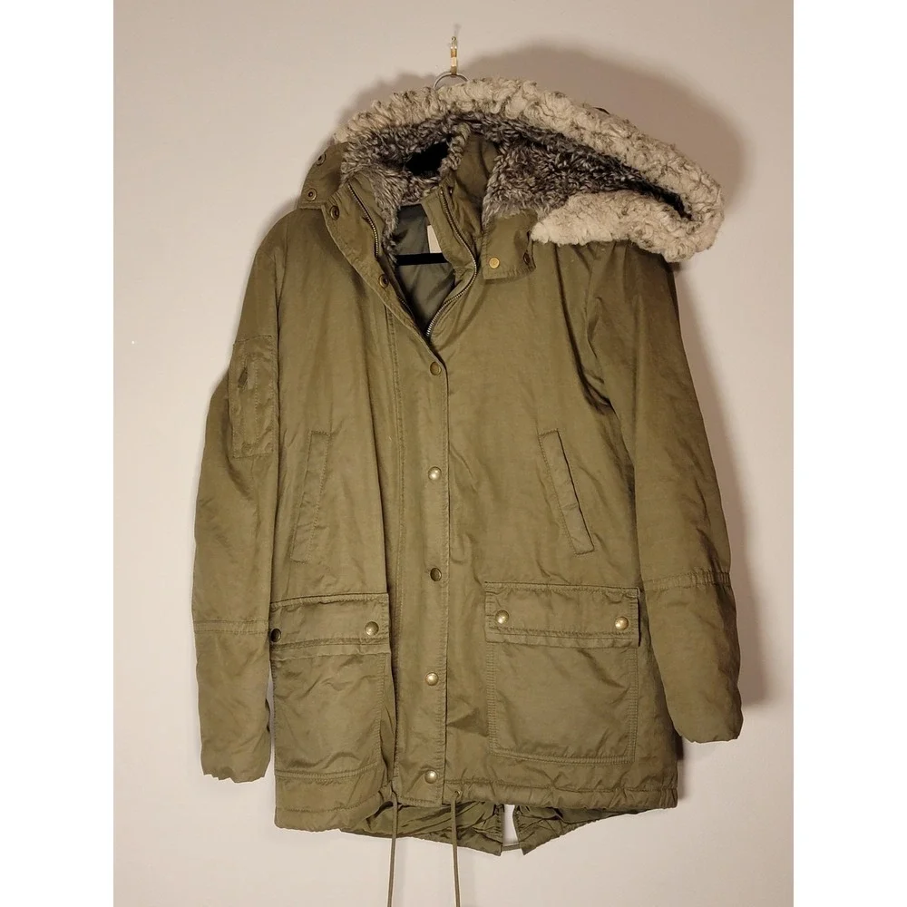 Banana Republic Faux Fur-lined Hooded Parka Coat Jacket Full Zip‎ Olive Green XS